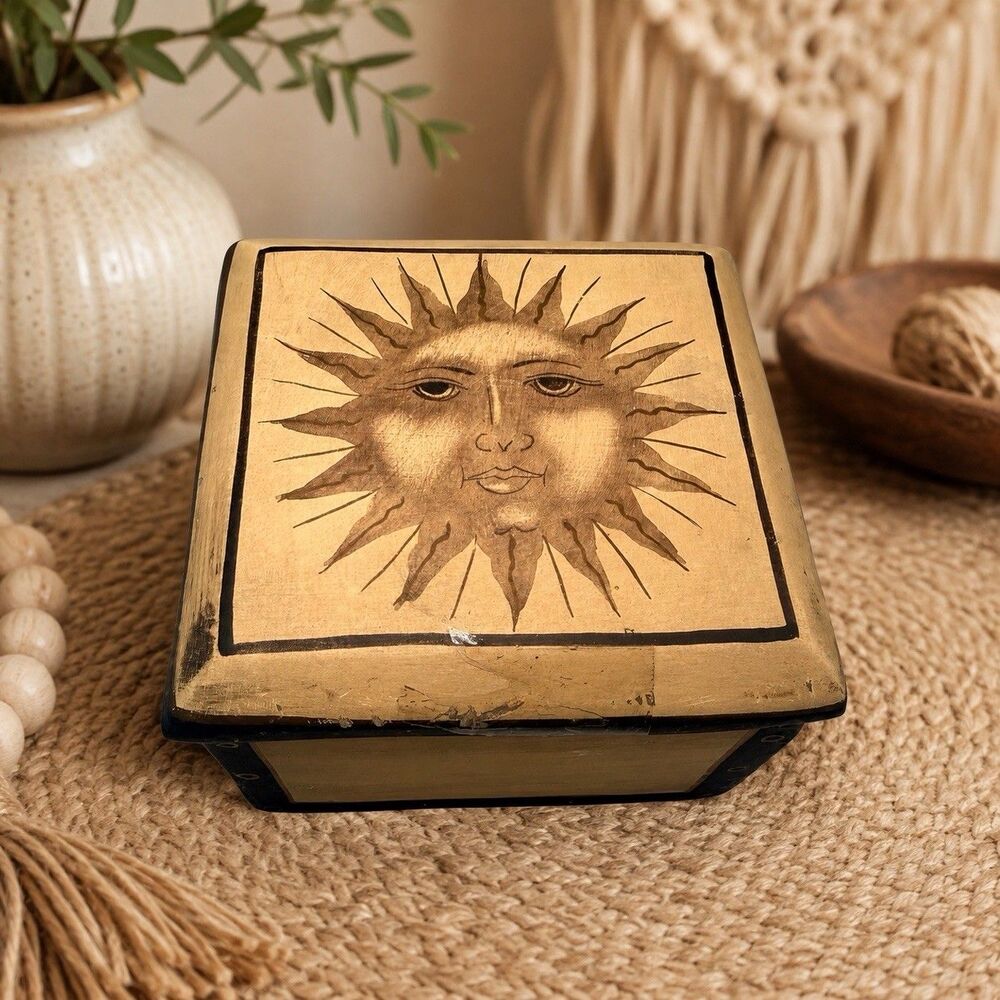 Celestial Sun Face Trinket Box Ceramic Boho Whimsigoth Keepsake 5” Vintage